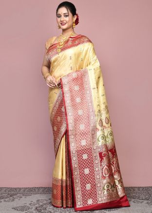 Beige Zari Woven Pure Silk Saree