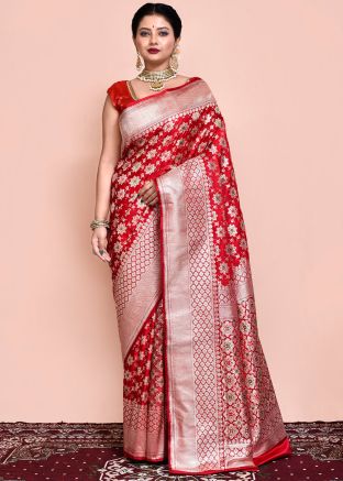 Red Zari Woven Saree With Blouse