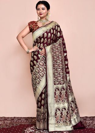 Wine Zari Woven Work Saree