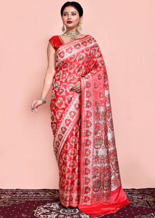 Coral Red Saree In Zari Woven