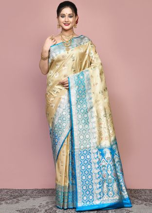 Beige Zari Woven Saree & Blouse