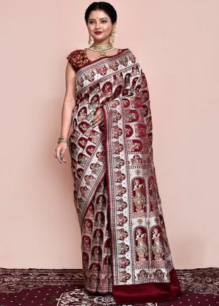 Maroon Saree & Blouse In Zari Woven