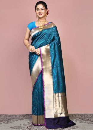 Peacock Blue Woven Saree In Pure Silk