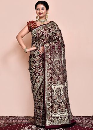 Wine Zari Woven Saree & Blouse