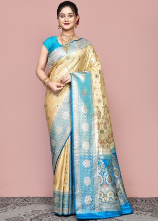 Beige Pure Silk Saree In Woven Work