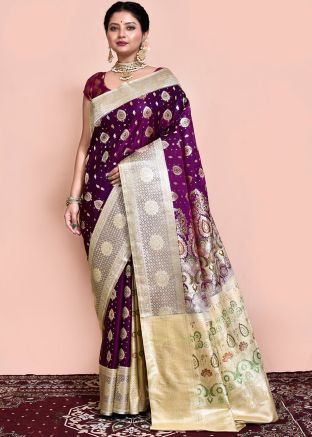 Magenta Zari Woven Saree & Blouse