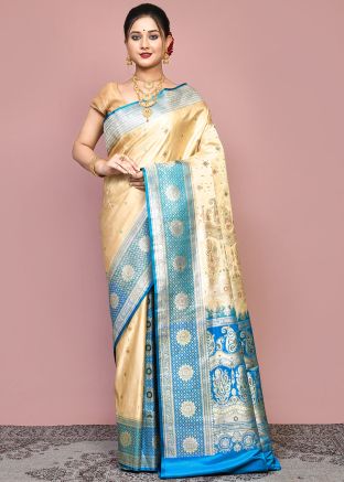 Beige Zari Woven Saree & Blouse