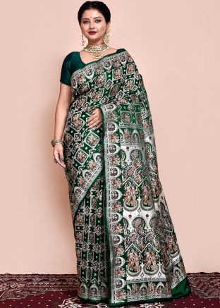 Bottle Green Zari Woven Saree & Blouse