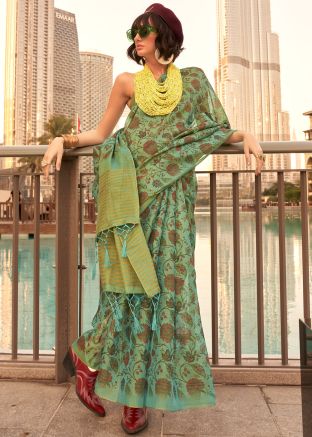 Green Floral Print Saree In Tissue Silk