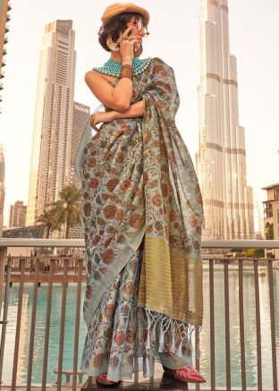 Grey Floral Print Saree In Tissue Silk