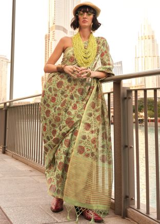 Green Floral Print Saree In Tissue Silk