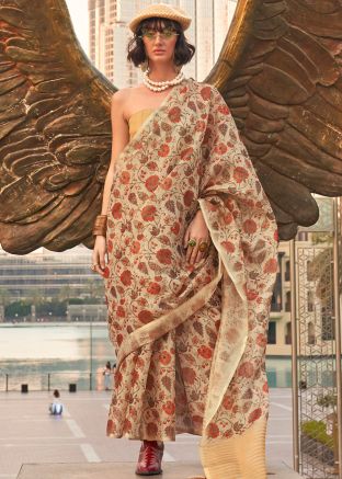 Cream Floral Print Saree In Tissue Silk