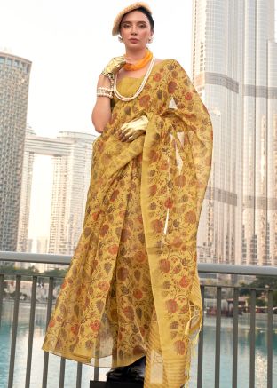 Yellow Floral Print Saree In Tissue Silk