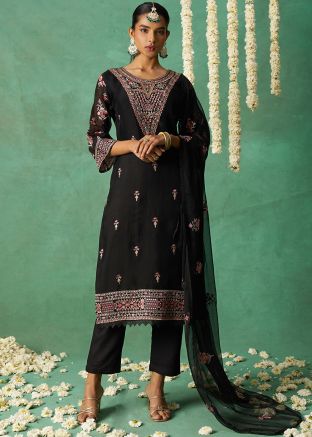 Black Embroidered Pant Suit In Organza