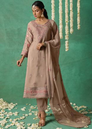 Brown Embroidered Organza Pant Style Suit