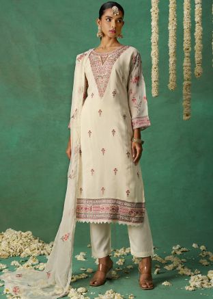 White Organza Pant Suit In Thread Work