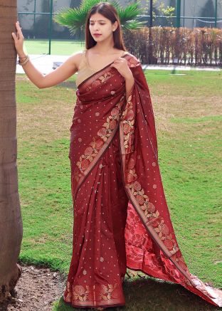 Maroon Zari Woven Saree & Blouse