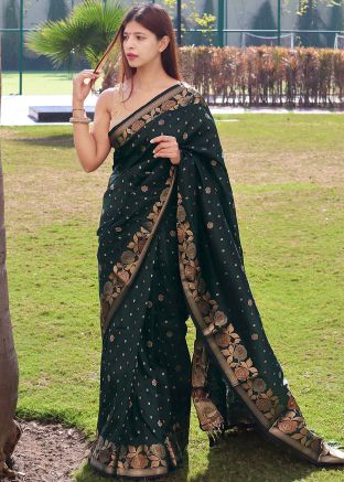Dark Green Zari Woven Saree
