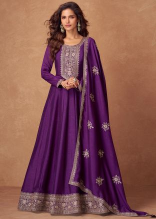 Purple Embroidered Readymade Anarkali Suit