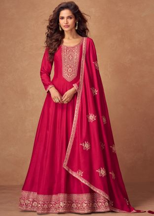 Red Embroidered Readymade Anarkali Suit