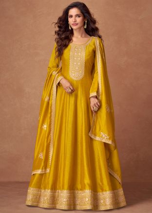 Yellow Embroidered Readymade Anarkali Suit & Dupatta