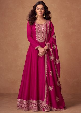 Pink Embroidered Readymade Anarkali Suit & Dupatta