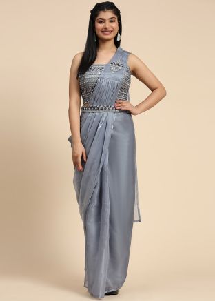 Grey Pre-Stitched Organza Saree & Blouse