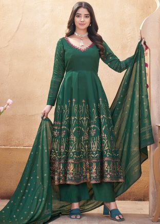 Green Foil Print Readymade Anarkali Suit