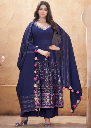 Navy Blue Foil Print Readymade Anarkali Suit