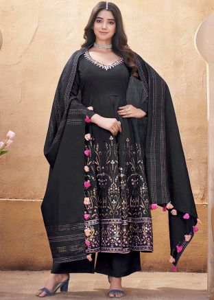Black Foil Print Readymade Anarkali Suit Set