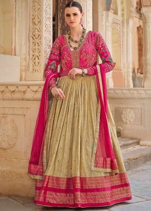 Cream Printed Anarkali Salwar Suit Set In Silk