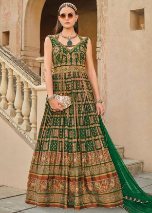 Green Printed Salwar Suit Set In Silk