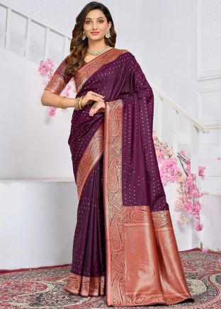 Wine Zari Woven Saree In Art Silk