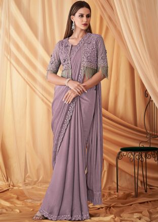 Mauve Purple Embroidered Jacket Style Saree