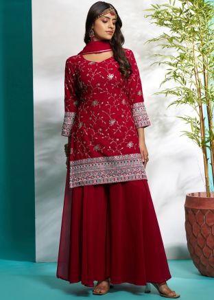 Maroon Embroidered Readymade Palazzo Suit