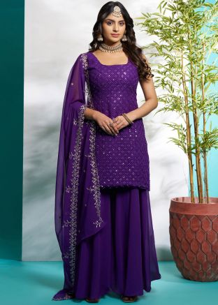Readymade Purple Embroidered Palazzo Suit In Georgette