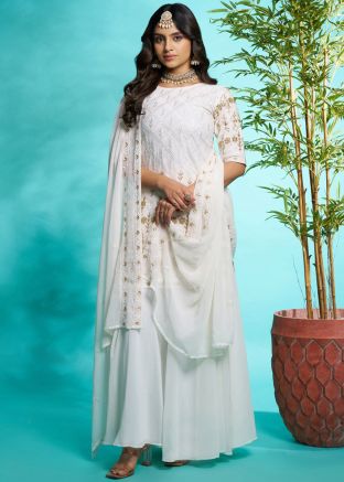 Readymade White Embroidered Palazzo Suit In Georgette