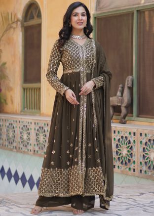 Olive Green Embroidered Readymade Slit Style Suit