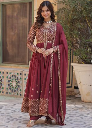 Maroon Readymade Embroidered Slit Style Suit