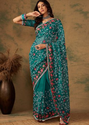 Teal Green Embroidered Saree In Organza