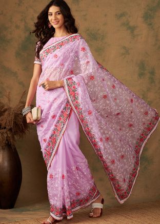 Pink Embroidered Saree In Organza