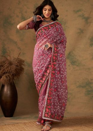 Mauve Pink Embroidered Saree In Organza
