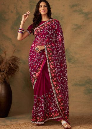 Magenta Embroidered Saree In Organza