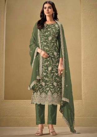 Green Embroidered Salwar Suit Set In Chiffon