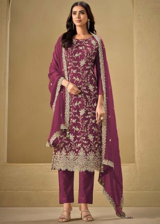 Magenta Embroidered Chiffon Salwar Suit Set