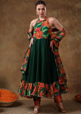 Readymade Green Printed Anarkali Suit In Organza