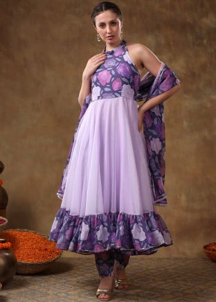 Readymade Lavender Printed Anarkali Suit In Organza