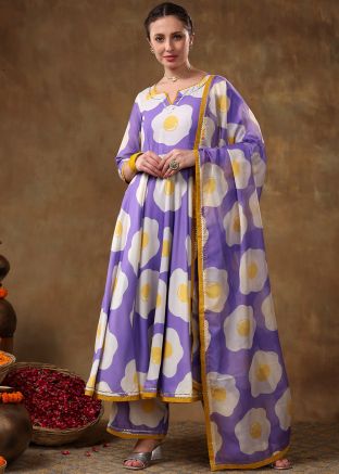 Readymade Lavender Printed Anarkali Suit In Cotton