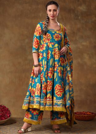 Readymade Blue Floral Print Cotton Anarkali Suit