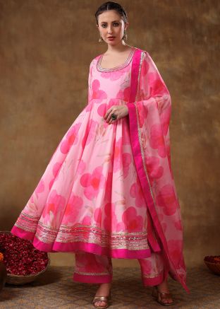 Readymade Pink Floral Print Cotton Anarkali Suit